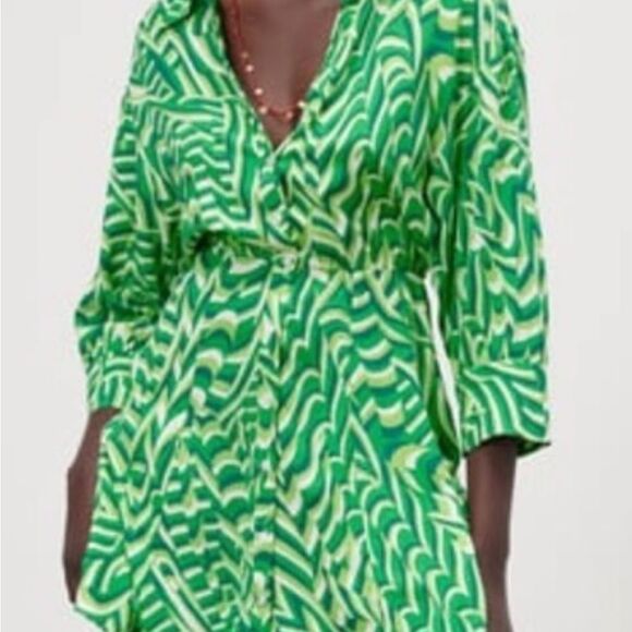 Zara Retro Vibes Green Print Dress Size Medium - Picture 12 of 12